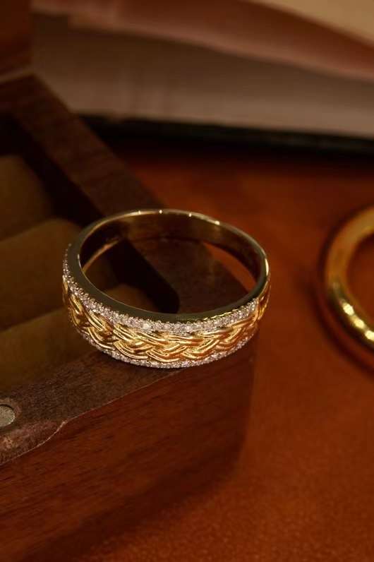 Double diamond rings women 18k gold middle weave textured design ring
